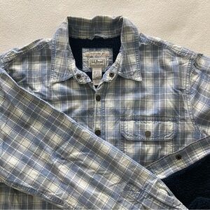 LL Bran Mens Plaid Shirt Blue/crm. Buttons. L-Tall. 4 Pockets. Navy Sherpa Lined